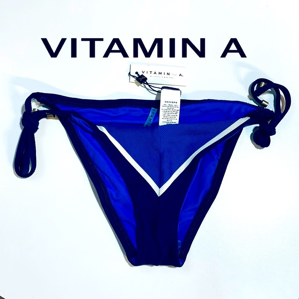 NWT VITAMIN A blue Elle limited blue white textured tie side string swim bottoms